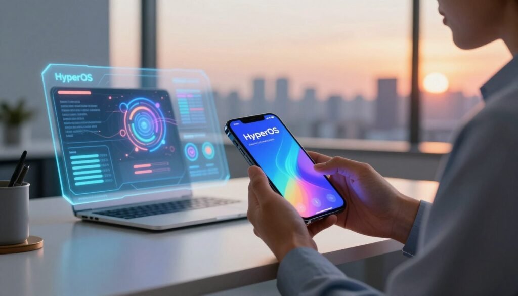 A dynamic, futuristic representation of a smartphone user experiencing the speed and efficiency of HyperOS, set against a sleek, modern office backdrop. In the foreground, focus on a professional in casual business attire, intently using a smartphone displaying the HyperOS interface, highlighted with vibrant, smooth animations. In the middle ground, include a stylized desk with holographic projections depicting system performance metrics, glowing icons, and rapid data transfers, emphasizing stability and speed. The background features a soft-focus skyline of a tech city with a sunset hue, creating a warm, optimistic atmosphere. Use soft, ambient lighting to enhance the sleekness of the scene and employ a slightly angled perspective to convey a sense of movement and innovation. A dynamic, futuristic representation of a smartphone user experiencing the speed and efficiency of HyperOS, set against a sleek, modern office backdrop. In the foreground, focus on a professional in casual business attire, intently using a smartphone displaying the HyperOS interface, highlighted with vibrant, smooth animations. In the middle ground, include a stylized desk with holographic projections depicting system performance metrics, glowing icons, and rapid data transfers, emphasizing stability and speed. The background features a soft-focus skyline of a tech city with a sunset hue, creating a warm, optimistic atmosphere. Use soft, ambient lighting to enhance the sleekness of the scene and employ a slightly angled perspective to convey a sense of movement and innovation.